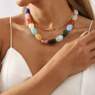 2 stuks/set Zomer Creatief Geometrisch Gelaagd Kleurrijk Hars Ketting Set, Geschikt voor Dagelijks Gebruik brown