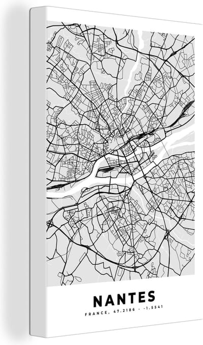 Canvas Schilderij Kaart - Stadskaart - Nantes - Plattegrond - Frankrijk - 20x30 cm - Wanddecoratie