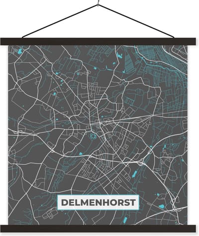 Posterhanger incl. Poster 60x60 cm - Schoolplaat - Kaart – Plattegrond – Stadskaart – Delmenhorst – Duitsland – Blauw - Textielposter - Zwarte latten - Stadskaart