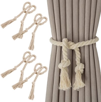 NTHProducts - Handgeknoopte Gordijnhouders - Bohemian Stijl - Beige - Gordijnclips van Katoen - Perfect voor Slaapkamer en Kantoor - 4 Stuks