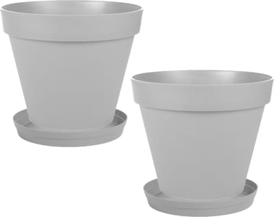 Set van 2x stuks bloempotten Toscane kunststof grijs D30 x H26 cm inclusief onderschalen D23 cm - Plantenpotten set