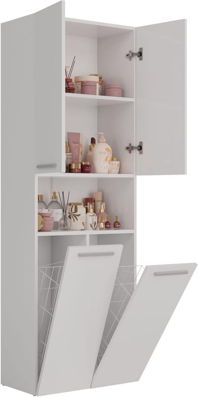 Badkamerkast - Opbergkast Kast - Badkamer Organiseren - Met Wasmanden - 60 x 174 x 30 cm - Wit