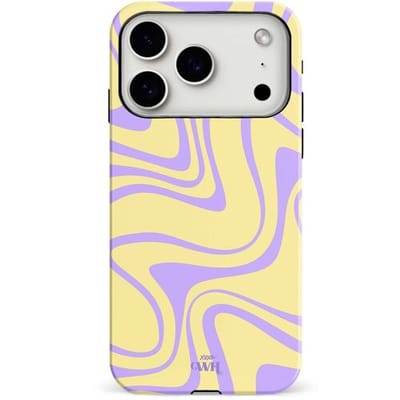 xoxo Wildhearts Sunny Side Up - Double Layer - Hardcase geschikt voor iPhone 17 Pro hoesje - Siliconen hoesje met golvenprint - Golvend patroon - Beschermhoes - Dubbele beschermlaag - Luxe Case - Geel en Paars
