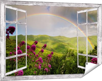 Gards Tuinposter Doorkijk Regenboog in de Heuvel Bossen - 120x80 cm - Tuindoek - Tuindecoratie - Wanddecoratie buiten - Tuinschilderij
