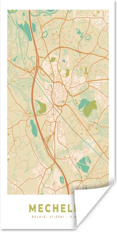 Poster Kaart - Retro - Vintage - Mechelen - Plattegrond - Stadskaart - 80x160 cm