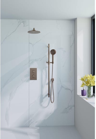 FugaFlow Eccelente Acces Inbouw Regendoucheset - thermostatisch - wandarm - glijstang - 25cm hoofddouche - ronde handdouche - metalen doucheslang - geborsteld koper PVD (Koper)