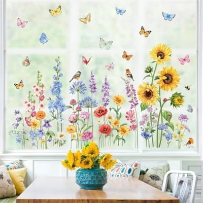 Raamsticker Set - 8 Vellen Lente Tuin Decoratie met Zonnebloemen en Vlinders - Dubbelzijdige Zelfklevende Stickers voor Ramen, Deuren en Glas - Herbruikbaar en Residuvrij