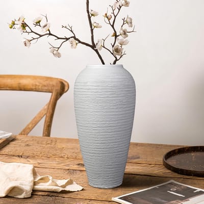 Keramische Vaas - Rustieke Vaas - Bloemen Decoratie - Handgemaakt Design - 34 cm Hoog - Wit