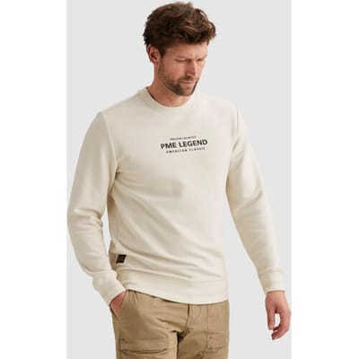PME legend beige heren trui   Ronde hals   Regular fit   Tekst patroon   Duurzaam   Lange mouw Beige L