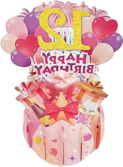 Vrolijke 12e Verjaardag Pop-Up Kaart voor Meisjes, Creatief Cadeau voor Dochter, Nichte of Vriendin, Grappige 3D Verjaardagskaart voor Haar