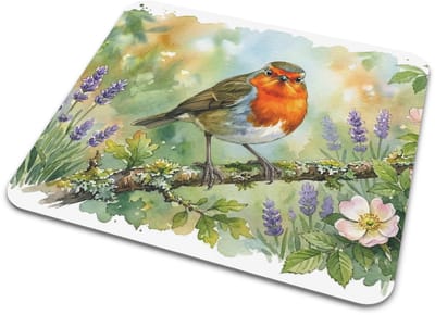Muismat "Aquarel Series" Lief Roodborstje in de Tuin met Bloemen - Leuk Vogel Cadeau voor haar: Vrouw, Vriendin & Collega - Unieke Kantoorartikelen voor een Sfeervol Bureau - Schattige Bureau Accessoires met Flora & Fauna Design