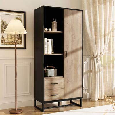 Moderne Highboard Schrank - Houtlook met Zwart Frame - 80x40x180 cm - Met Laden & Open Vakken