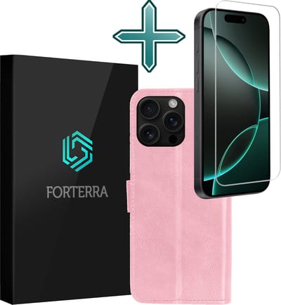 Hoesje Met Screenprotector - Geschikt voor Apple iPhone 16 Pro - Luxe Pasjeshouder - Flipcase - Bookcase Portemonee - Flip Case - Kunstleer Book Case - Book Cover - Walletcase - Portemonneehoes - Lichtroze