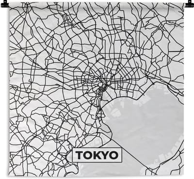 Wandkleed - Wanddoek - Kaart - Tokyo - Stadskaart - Zwart Wit - Plattegrond - 180x180 cm - Wandtapijt