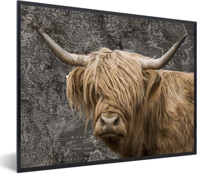 Poster in lijst - Fotolijst 80x60 cm - Posters - Wereldkaart - Dieren - Schotse hooglander - Posterlijst zwart - Decoratie - Wanddecoratie woonkamer - Muurdecoratie slaapkamer
