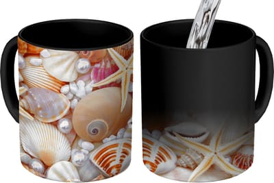Magische Mok - Foto op Warmte Mokken - Koffiemok - Schelpen - Parels - Zeesterren - Strand - Magic Mok - Beker - 350 ML - Theemok