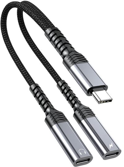 2-in-1 USB-C naar Dual USB-C Adapter Kabel - DAC Audio en 100W PD - headset - voor Smartphone en Tablet - zwart