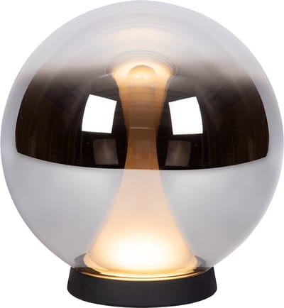 Atmooz Nobus Tafellamp – smoky grijze glasbol – decoratieve tafellamp binnen – geïntegreerde LED 2700K – warm witte sfeerlamp met zwarte metalen basis – luxe druppelvormig glasdesign – moderne tafel lamp woonkamer – smoky grey