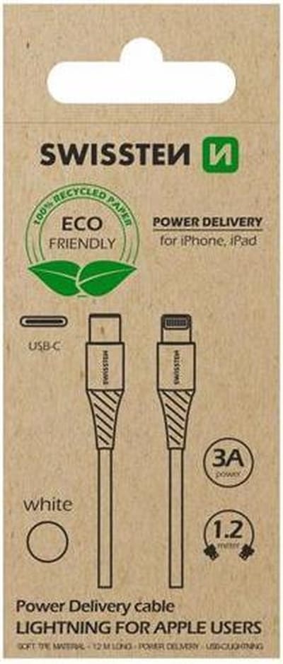 Swissten Lightning naar USB-C Kabel - 1.2M - Geschikt voor iPhone 7/8/SE/X/XS/XR/11/12/13/14 - Wit - Duurzame verpakking
