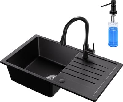 CECIPA max Spoelbak Antraciet 78x45CM - Spoelbakken Met Keukenkraan en Zeepdispenser(300ML) - Granieten Spoelbakken Keuken - Enkele Spoelbak - Spoelbak Met Afdruiprek - Spoelbakken Incl. Sifon en Afvoerzeefje