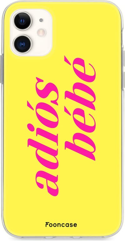Fooncase Hoesje Geschikt voor iPhone 12 Mini - Shockproof Case - Back Cover / Soft Case - Adios Bebe / Geel & Roze