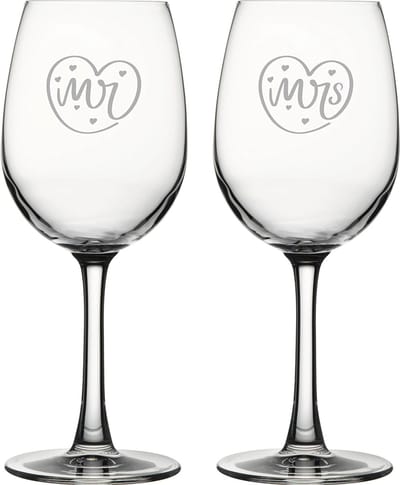 Gegraveerde set witte wijnglazen 36cl Mr. In hartje - Mrs. In hartje