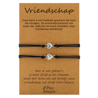 Vriendschapsarmbandjes voor 2 "Vriendschap" - Kleine Hartjes - BFF Armbandjes met Cadeau Kaartje - Zwart & Zilverkleurig - Elastisch Verstelbaar - Pax Amare