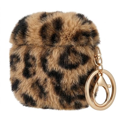 Donker bruin hoesje voor oordopjes dames met luipaard print en pluche afwerking geschikt voor AirPods Pro 3 met zachte textuur en goudkleurige clip