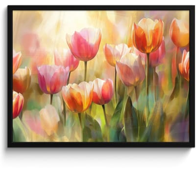 Poster in lijst - Fotolijst 70x50 cm - Posters - Tulpen - Sprookjesachtig - Kleurrijk - Posterlijst zwart - Decoratie - Wanddecoratie woonkamer - Muurdecoratie slaapkamer