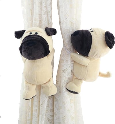 Set van 2 witte hondengordijnen met schattige dierenprint voor kinderkamer - decoratief en functioneel met elastische ringen