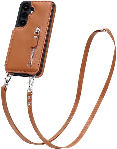 CaseMania Backcase hoesje geschikt voor Samsung Galaxy S24 - Effen Cognac - Kunstleer - met Crossbody Koord, Pashouder & Ritsvakje