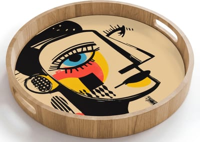 Dienblad rond 40x40 cm - Schootdienblad hout - Geometrisch - Felle kleuren - Kubistische stijl - Borrelplank rechthoek - Plateau houten dienbladen