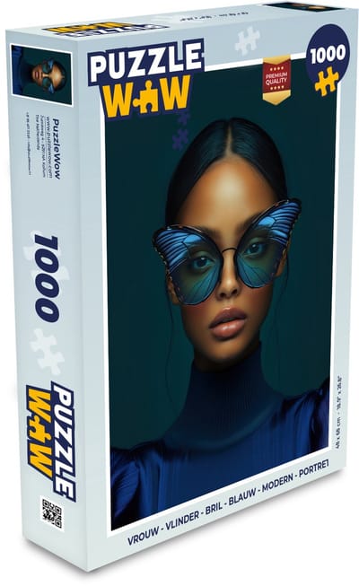 Puzzel Vrouw - Vlinder - Bril - Blauw - Modern - Portret - Legpuzzel - Puzzel 1000 stukjes volwassenen