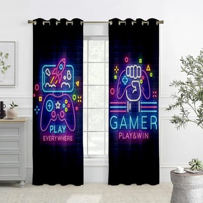 2 STUKS Woonkamer, Slaapkamer, Speelkamer, Coole Game Controller Bedrukte Gordijnen, Lichtdoorlatende Decoratieve Op Maat Gemaakte Gordijnen W50xH140(CM)x2PCS&Grommet Top black