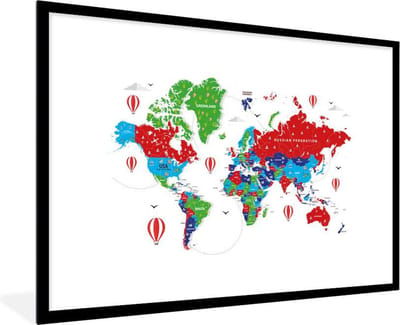 Poster in lijst - Fotolijst 90x60 cm - Posters - Wereldkaart - Kleuren - Luchtballon - Posterlijst zwart - Decoratie - Wanddecoratie woonkamer - Muurdecoratie slaapkamer