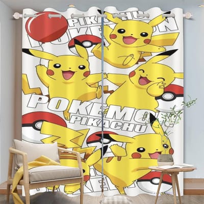 Miniso Cartoon Pikachu Gordijnen Woonkamer Geanimeerd Isable Slaapkamer Premium Gordijn Lichtblokkerend Polyester Ideaal Voor Zitten W100*H130(CM)-Hooks&2PCS