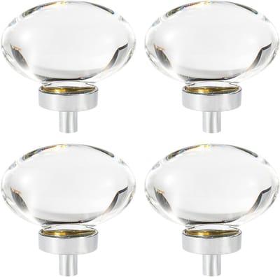 Set van 4 Luxe Kristallen Deurklinken met Zilveren Basis, Eivormige Handgrepen voor Keuken, Badkamer en Meubels
