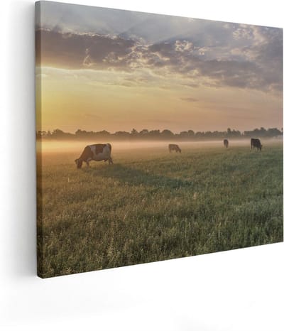 Artaza Canvas Schilderij Landschap - 50x40 cm - Wanddecoratie Koeien In De Wei - Muurdecoratie Zonsopkomst - Kamer Accessoires Natuur