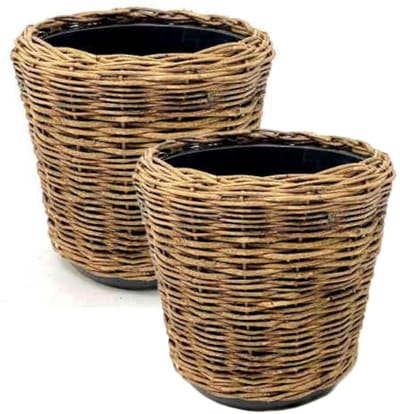 Van Der Leenden Planten/bloemen mand - 2x - rond - rotan - gevlochten riet - D32 x H29 cm - drypot
