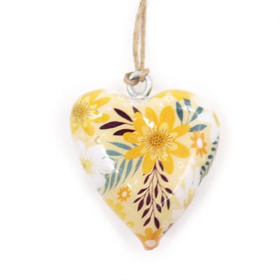 Decoratief houten hart - Geel met bloemen