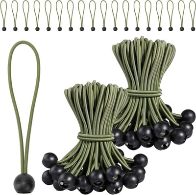 Set van 100 duurzame rubberen banden met 15 cm rubberen bal, ideaal voor het spannen van zeilen, tenten en banners, perfect voor camping en buitenactiviteiten