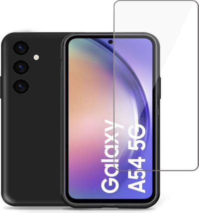 Hoesje geschikt voor Samsung A54 + Screenprotector – Tempered Glass - Liquid Back Case Cover Zwart