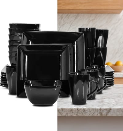 Luxe Serviesset – 32 delig – 8 persoons – Porselein - Bordenset – Dinner platen – Dessertborden - Kommen - Mokken - Schaaltjes - Zwart