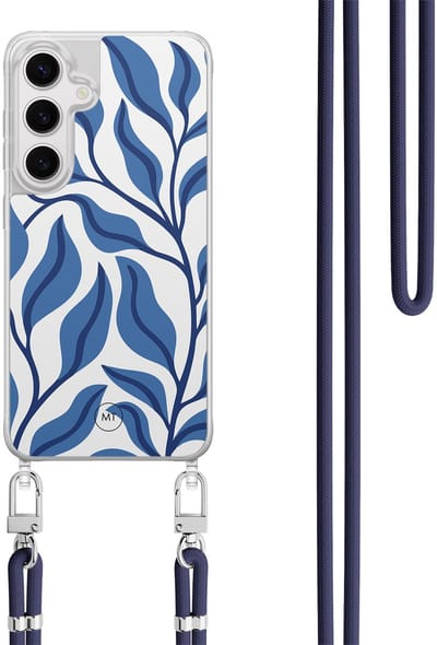 Hoesje met koord geschikt voor Samsung Galaxy S24 - Blue leaves - Inclusief Donkerblauw koord - Crossbody beschermhoes - Transparant, Blauw - Mooie Telefoonhoesjes