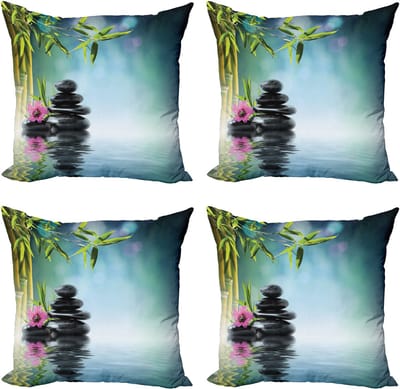 ABAKUHAUS Spa Throw Pillow Cover 4 Pack, Hibiscusbamboe op het water, Modern Accent Dubbelzijdig Digitaal Print, 40 x 40 cm, Petrol Blue Lime Green