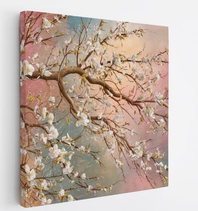 Saammp Canvas Schilderij - Tak met Bloeiende Bloesem - Natuur - Abstract - 20x20 - Foto op canvas - Wanddecoratie - Muurdecoratie Woonkamer - Kantoor Decoratie