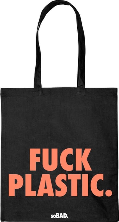 Draagtas Fuck plastic - fluor oranje - katoenen tas - soBAD. - met leuke grappige tekst