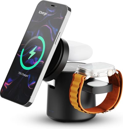 iCharge AirSlim - Qi2 Edition - 3 in 1 Magnetische Snelle Draadloze Oplader - 15W - Compact en Opvouwbaar - Voor iPhone, Apple Watch en AirPods - Zwart