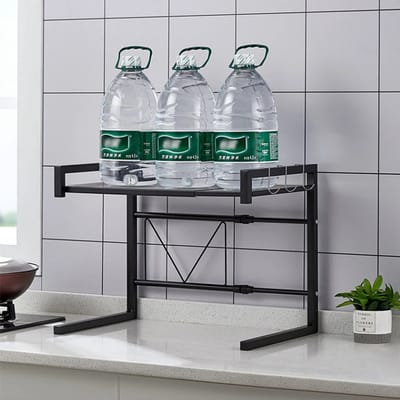 Linkforu - Uitschuifbaar - 2 Laags Magnetronrek - Keuken Organizer - Verstelbaar - Opbergrek - Met Haken - Ruimtebesparend - Zwart