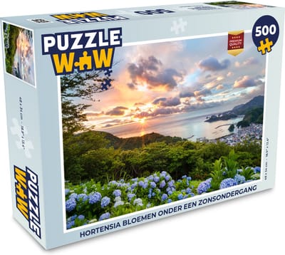 Puzzel Hortensia bloemen onder een zonsondergang - Legpuzzel - Puzzel 500 stukjes